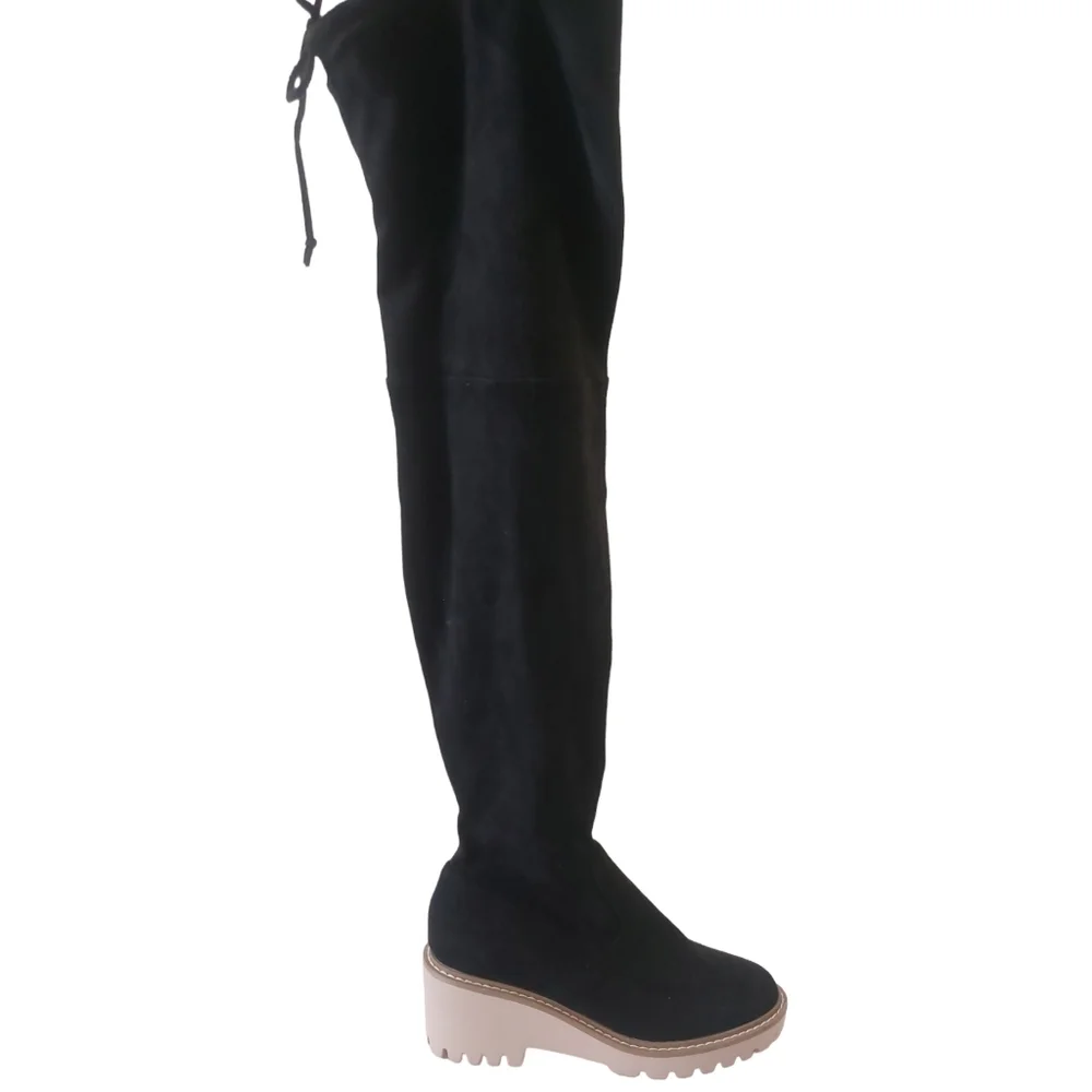 Nicole Miller Bass Black Vegan Leather Grunge Over The Knee Chunky Heeled Boot - Picture 4 of 13
